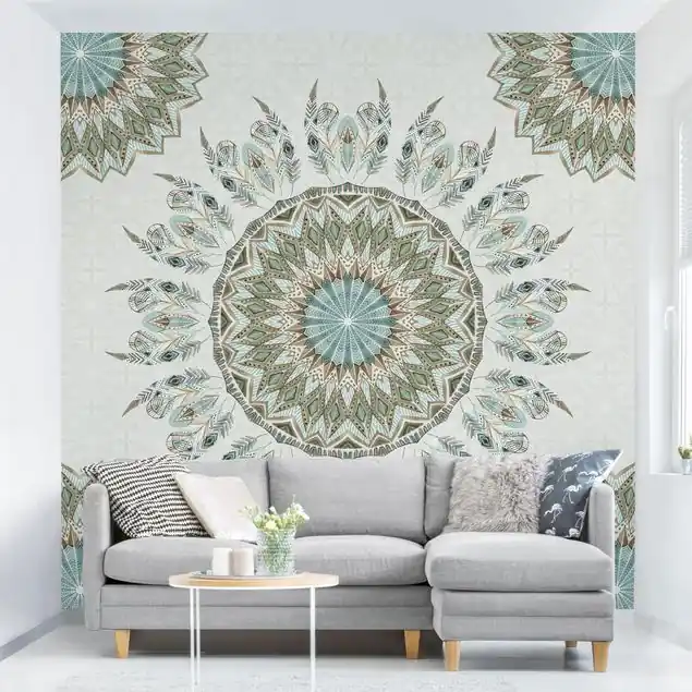 Mandala Aquarell Federn Muster blau grün Fototapete • Vliestapete + Kleister • hergestellt in Deutschland Abverkauf