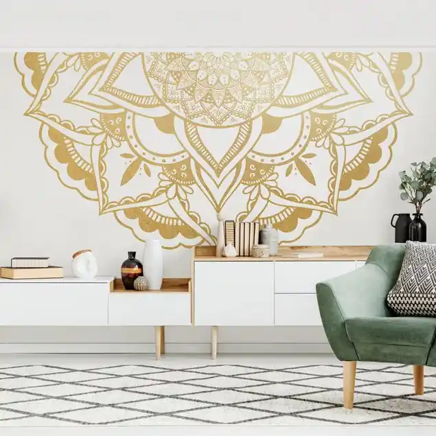 Mandala Blume Halbkreis gold weiß Fototapete • Vliestapete + Kleister • hergestellt in Deutschland Jetzt Bestellen