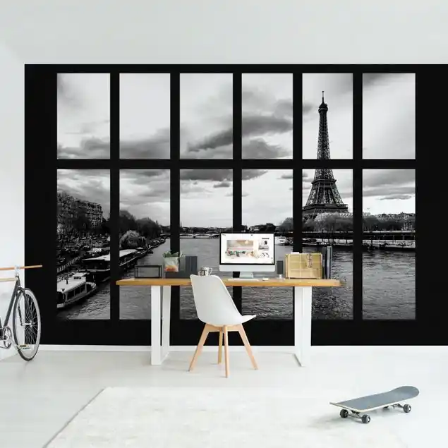 Angebot Fenster Eiffelturm Seine Paris Fototapete • Vliestapete + Kleister • hergestellt in Deutschland