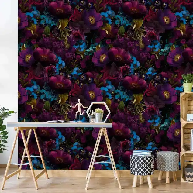 Sonderaktion Lila Blüten mit Blauen Blumen Fototapete • Vliestapete + Kleister • hergestellt in Deutschland