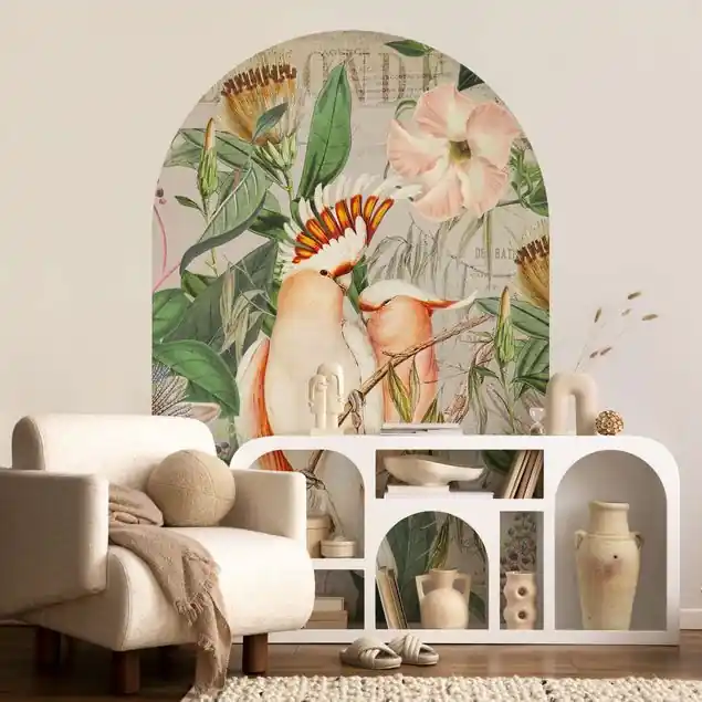 Colonial Style Collage - Rosa Kakadu Rundbogen Tapete Direktkauf