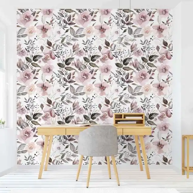 Graue Blätter mit Aquarell Blumen Fototapete • Vliestapete + Kleister • hergestellt in Deutschland Preisreduziert