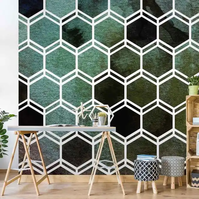 Hexagonträume Aquarell in Grün Fototapete • Vliestapete + Kleister • hergestellt in Deutschland Sonderangebot