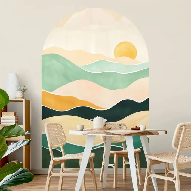 Aktuell Minimalistische Boho Landschaft Gelb Türkis Rundbogen Tapete