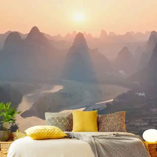 Sonnenaufgang in Berglandschaft Fototapete • Vliestapete + Kleister • hergestellt in Deutschland Begrenztes Angebot