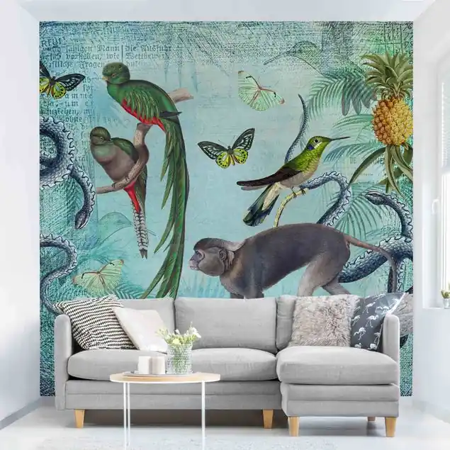 Colonial Style Collage - Äffchen und Paradiesvögel Fototapete • Vliestapete + Kleister • hergestellt in Deutschland Neue Kollektion