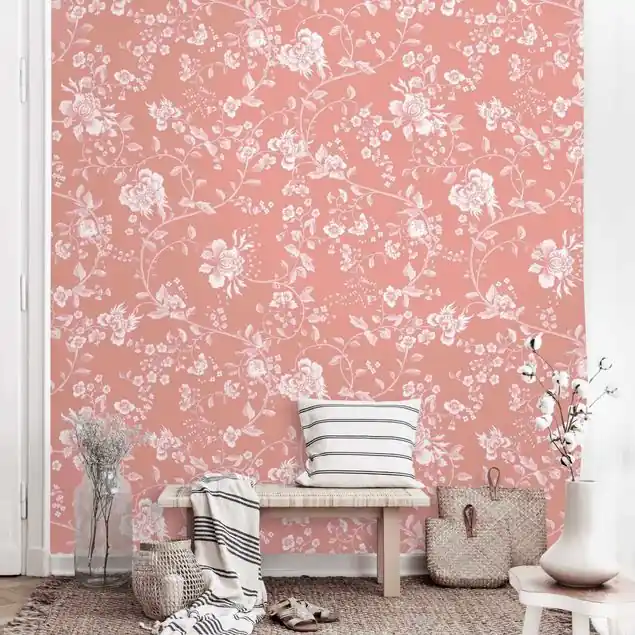 Kostenloser Versand Blumenranken auf Orange Fototapete • Vliestapete + Kleister • hergestellt in Deutschland
