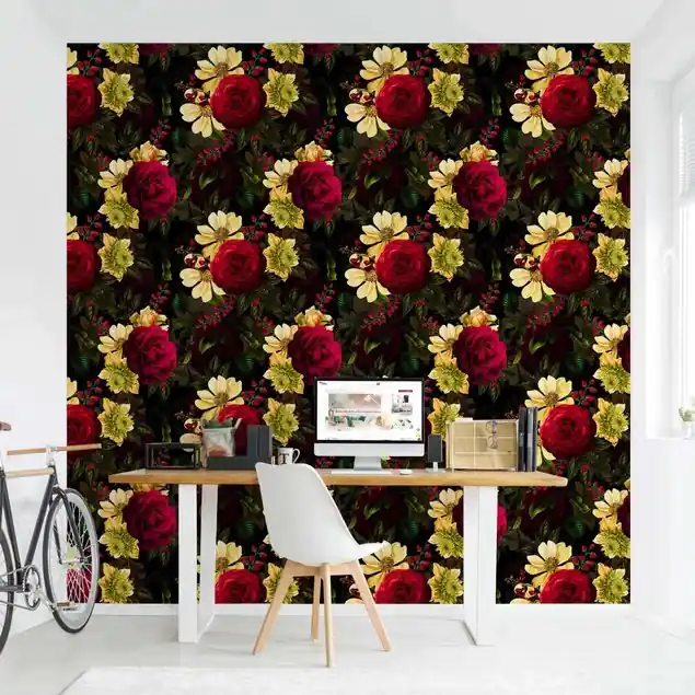 Neuheit Weiße Blüten mit Roten Rosen Fototapete • Vliestapete + Kleister • hergestellt in Deutschland