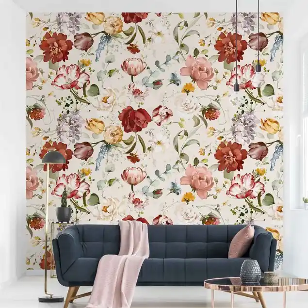 Blumen Aquarell Vintage Muster auf Beige Fototapete • Vliestapete + Kleister • hergestellt in Deutschland Knallerangebot