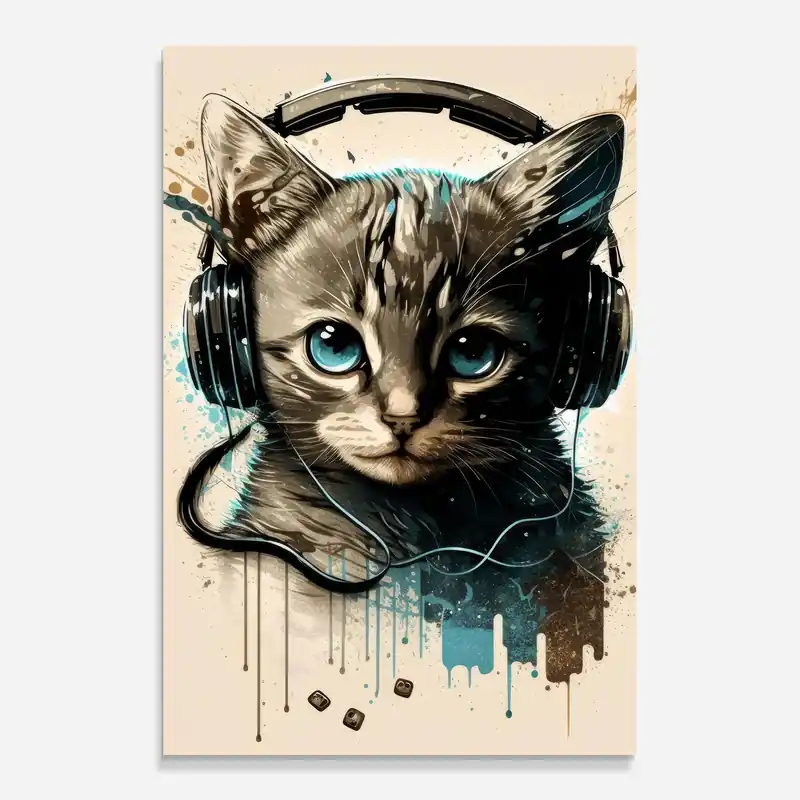 Glasbild Headphones Cute Cat Kostenloser Rückversand