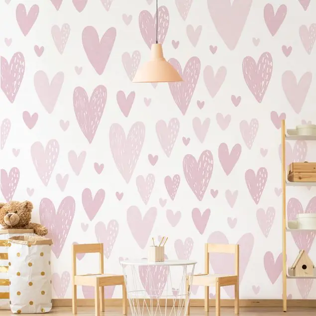 Kostenfreie Lieferung Kleine und große gezeichnete Rosa Herzen Fototapete • Vliestapete + Kleister • hergestellt in Deutschland