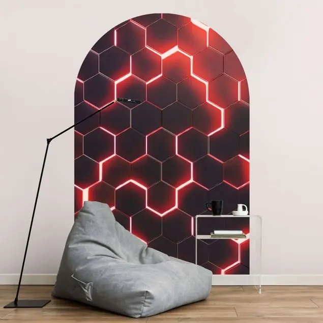 Strukturierte Hexagone mit Neonlicht in Rot Rundbogen Tapete Neuheit