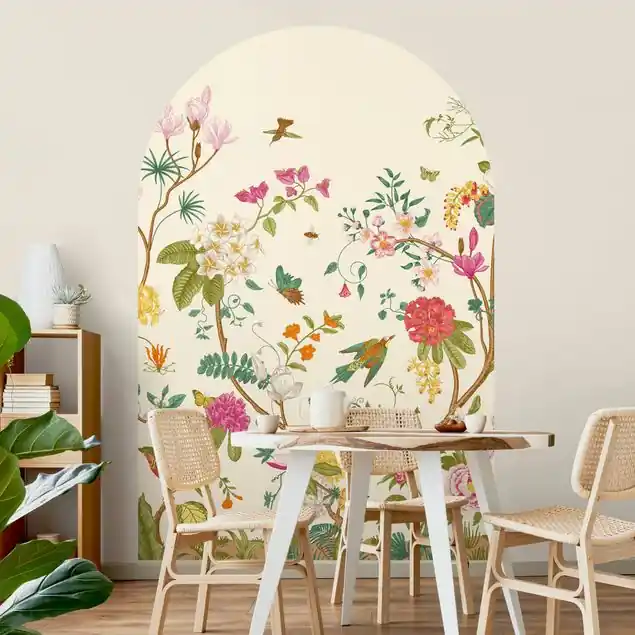 Illustrierte Blumen Chinoiserie auf Gelb Rundbogen Tapete Sonderangebot