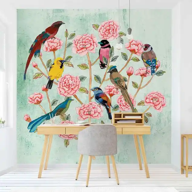 Chinoiserie Collage in Mint Fototapete • Vliestapete + Kleister • hergestellt in Deutschland Kostenloser Rückversand