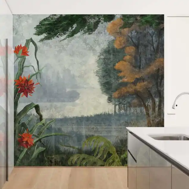 Rote Blumen einer Waldlandschaft Fototapete • Vliestapete + Kleister • hergestellt in Deutschland Mega-Angebot