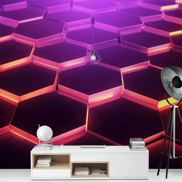 Hexagone mit Neonlicht in Rosa und Lila Fototapete • Vliestapete + Kleister • hergestellt in Deutschland Nur Für Kurze Zeit
