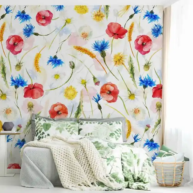 Aquarellierte Feldblumen mit Mohn Fototapete • Vliestapete + Kleister • hergestellt in Deutschland Geprüft