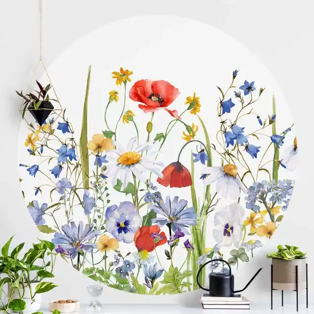 Mega-Angebot Aquarellierte Blumenwiese mit Mohn Runde Fototapete