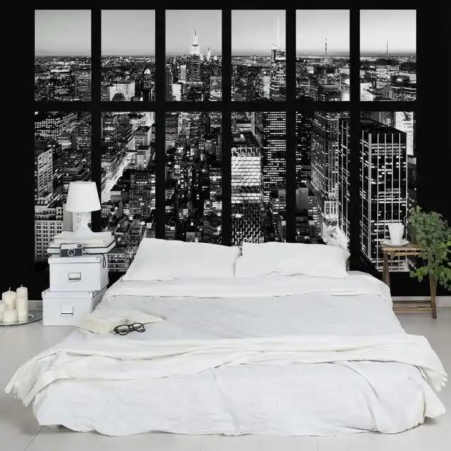 Direktkauf Fensterblick Manhattan Skyline schwarz-weiß Fototapete • Vliestapete + Kleister • hergestellt in Deutschland