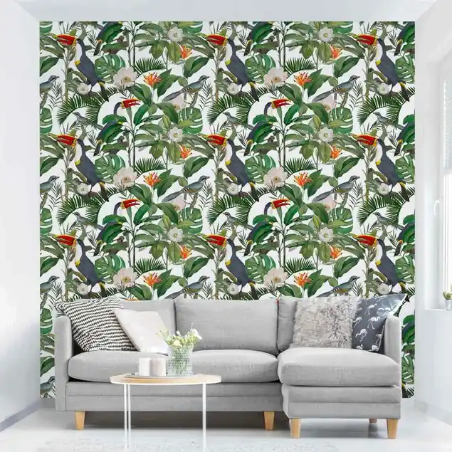 Tropischer Tukan mit Monstera und Palmenblättern Fototapete • Vliestapete + Kleister • hergestellt in Deutschland Must-Have