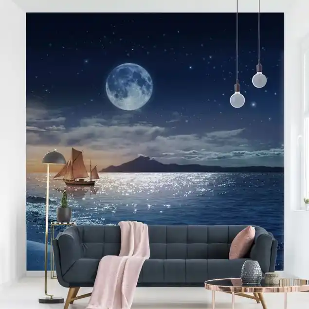 Schneller Versand Moon Night Sea Fototapete • Vliestapete + Kleister • hergestellt in Deutschland