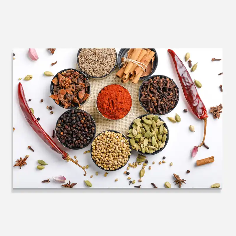 Küchenrückwand Glas Various Spices Bowls Top-Angebot