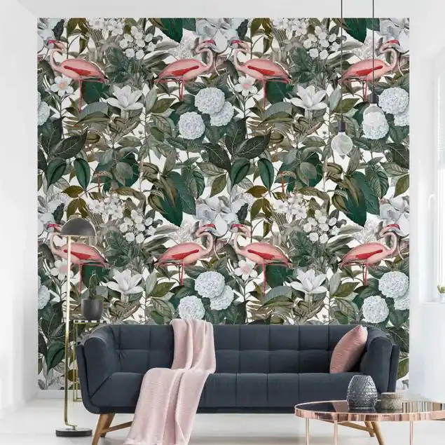 Saisonangebot Rosa Flamingos mit Blättern und weißen Blumen Fototapete • Vliestapete + Kleister • hergestellt in Deutschland