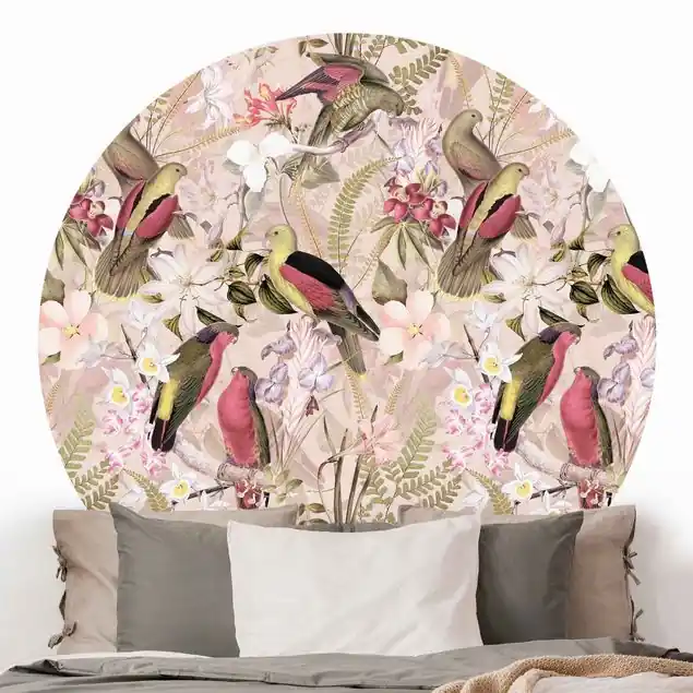 Direkt Vom Hersteller Rosa Pastell Vögel mit Blumen Runde Mustertapete