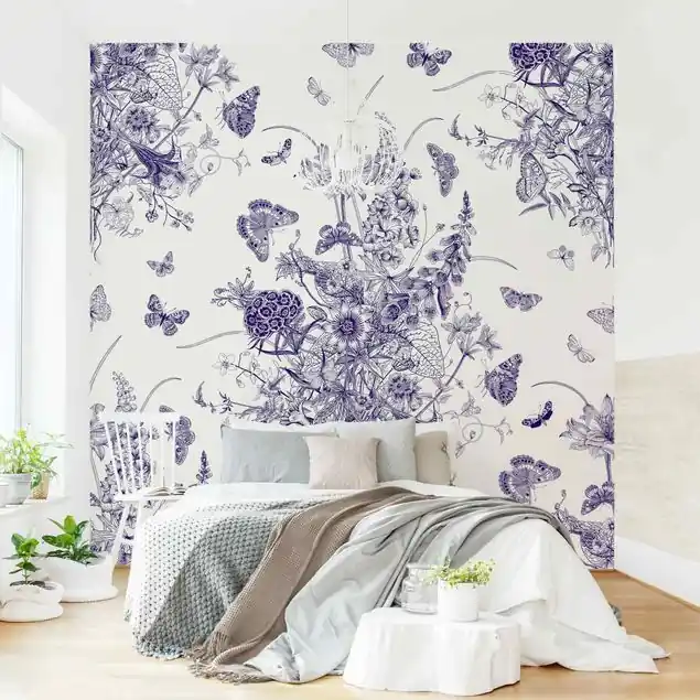 Schmetterlinge um Blumeninsel in Lila Fototapete • Vliestapete + Kleister • hergestellt in Deutschland Neu Im Sortiment