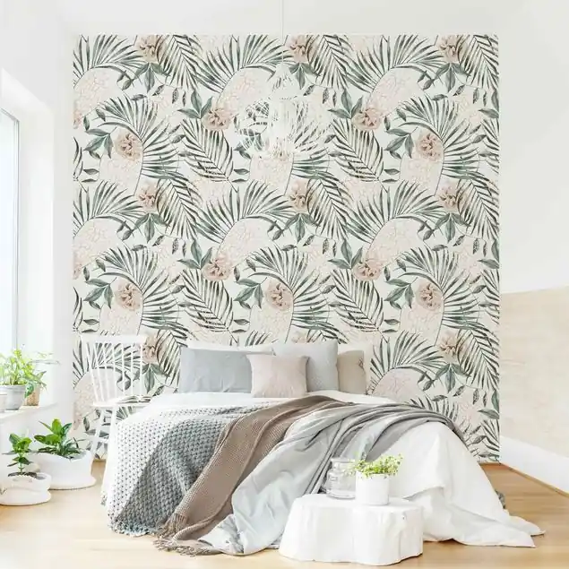 Nur Für Kurze Zeit Tropische Palmenbögen mit Rosen Aquarell Fototapete • Vliestapete + Kleister • hergestellt in Deutschland