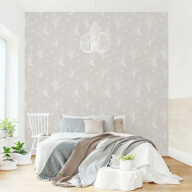 Illustrierte Zweige Muster Beige Fototapete • Vliestapete + Kleister • hergestellt in Deutschland Online Kaufen