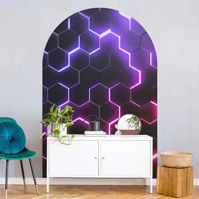 Preis Gesenkt Strukturierte Hexagone mit Neonlicht in Rosa und Lila Rundbogen Tapete
