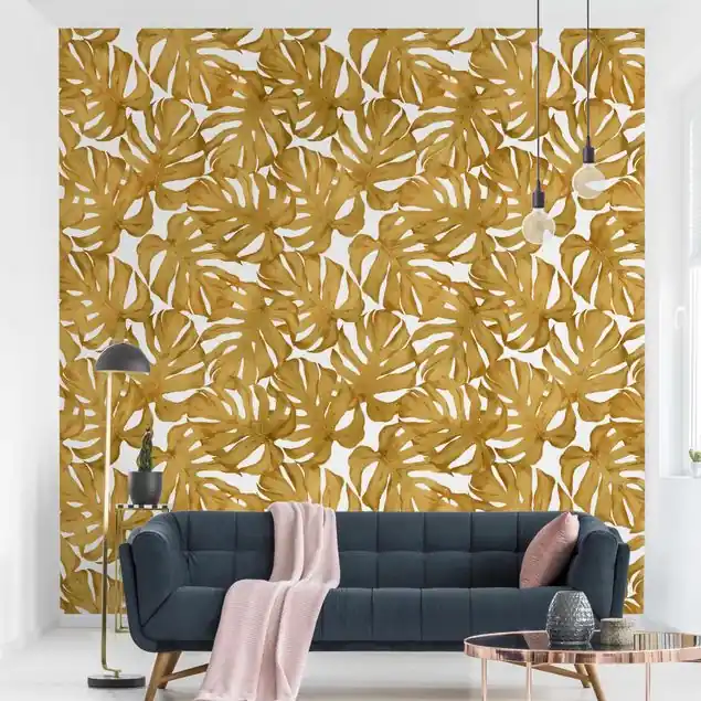 Mega-Angebot Aquarell Monstera Blätter in Gold Fototapete • Vliestapete + Kleister • hergestellt in Deutschland