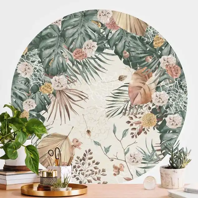 Aquarell getrocknete Blumen mit Farne Runde Fototapete Echt