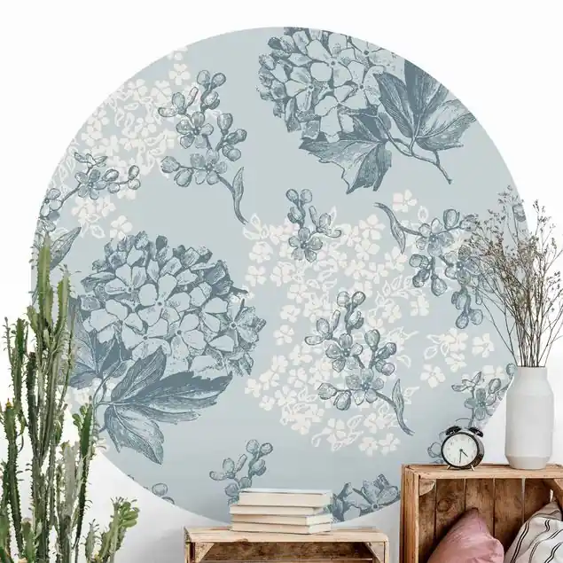 Hortensia pattern in blue Runde Mustertapete Kracherpreis