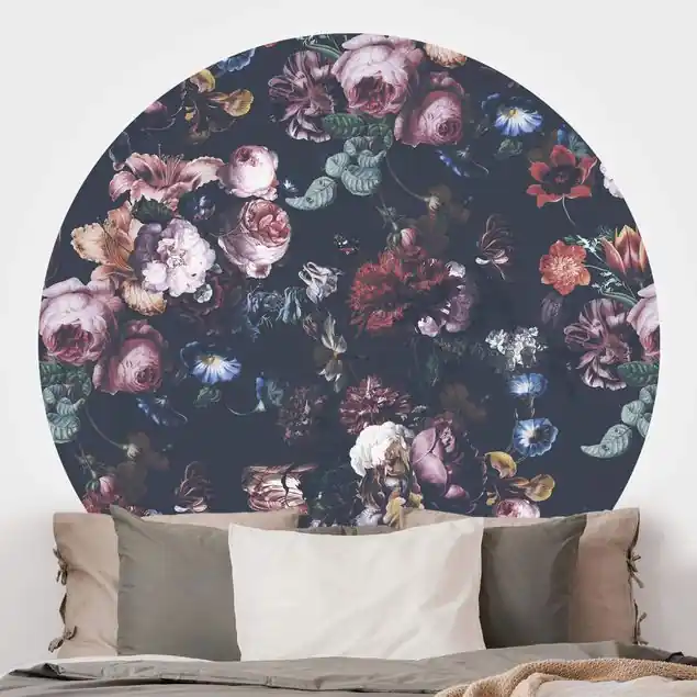 Altmeisterliche Blüten mit Tulpen und Rosen auf Dunkelgrau Runde Fototapete Top-Angebot