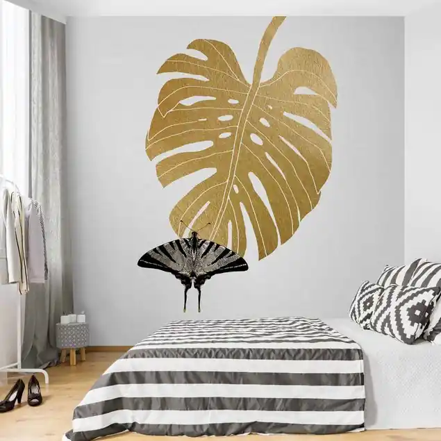 Goldene Monstera mit Schmetterling Fototapete • Vliestapete + Kleister • hergestellt in Deutschland Neuheit
