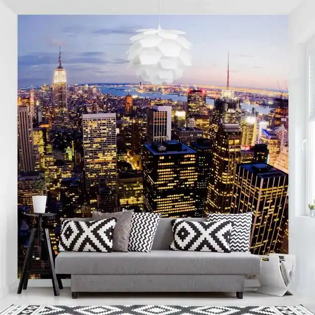 Billig New York Skyline bei Nacht Fototapete • Vliestapete + Kleister • hergestellt in Deutschland