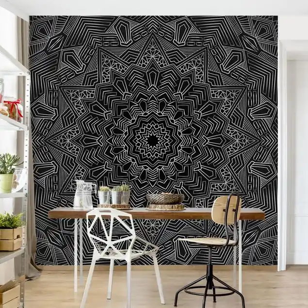 Mandala Stern Muster silber schwarz Fototapete • Vliestapete + Kleister • hergestellt in Deutschland Kracherpreis