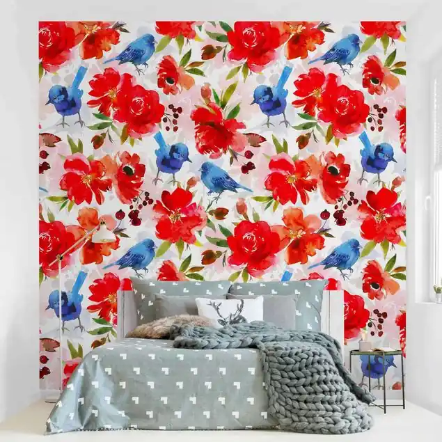 Aquarellierte Vögel in Blau mit Rosen Fototapete • Vliestapete + Kleister • hergestellt in Deutschland Neue Kollektion