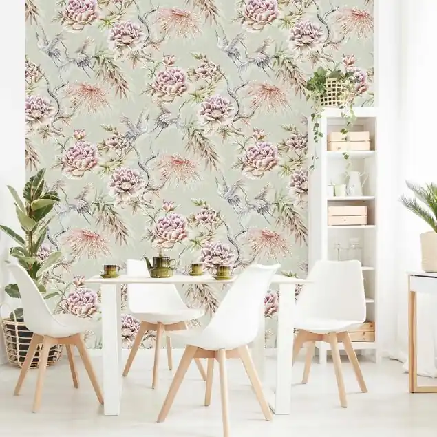 Aquarell Vögel mit großen Blüten vor Mint Fototapete • Vliestapete + Kleister • hergestellt in Deutschland Online Kaufen