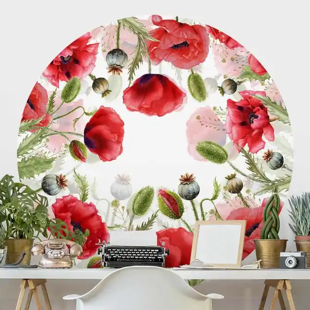 Illustrierte Mohnblumen Runde Fototapete Highlight