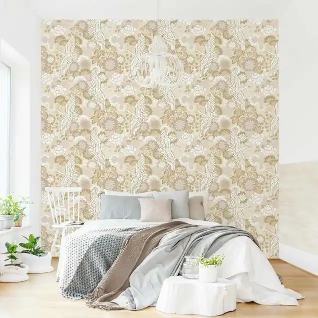 Kostenloser Rückversand Kraniche und Chrysanthemen Beige Fototapete • Vliestapete + Kleister • hergestellt in Deutschland