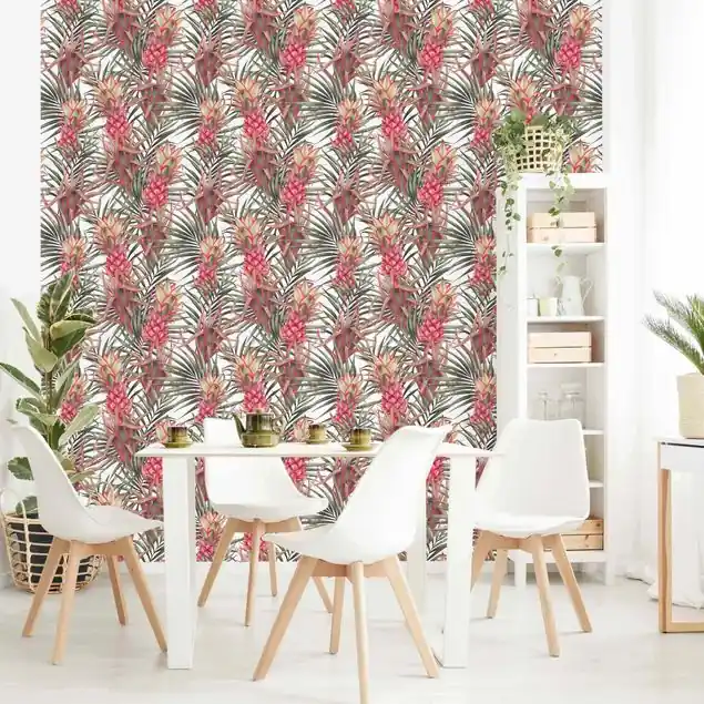 Gratis Versand Rote Ananas mit Palmenblättern Tropisch Fototapete • Vliestapete + Kleister • hergestellt in Deutschland