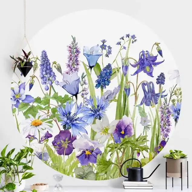 Sonderaktion Aquarellierte Blumenwiese in Blau Runde Fototapete