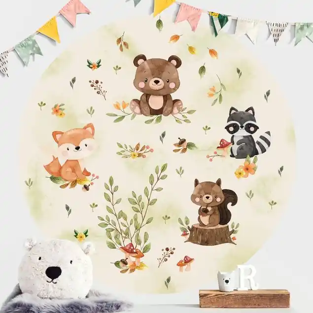 Waldtiere Herbst Fuchs Bär Eichhörnchen Waschbär Runde Fototapete Angebot