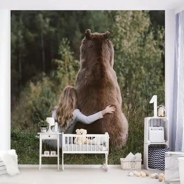Preiswert Mädchen mit Braunbär Fototapete • Vliestapete + Kleister • hergestellt in Deutschland