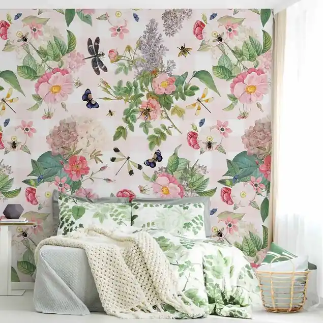 Schmetterlinge mit rosa Blumen Fototapete • Vliestapete + Kleister • hergestellt in Deutschland Meistverkauft