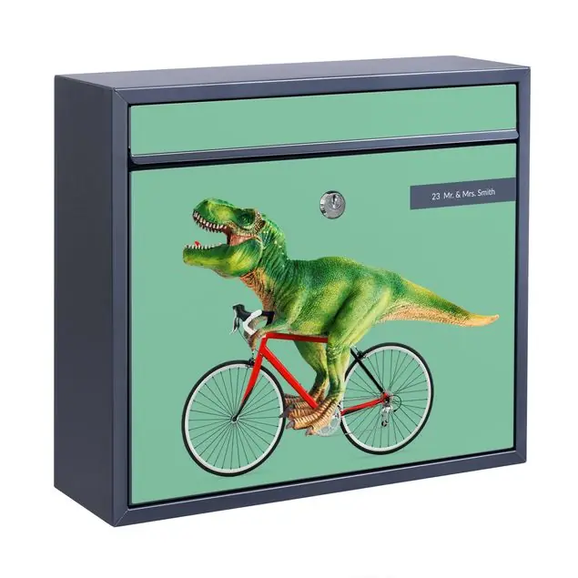 Dinosaurier mit Fahrrad Briefkasten mit eigenem Text Kostenloser Rückversand
