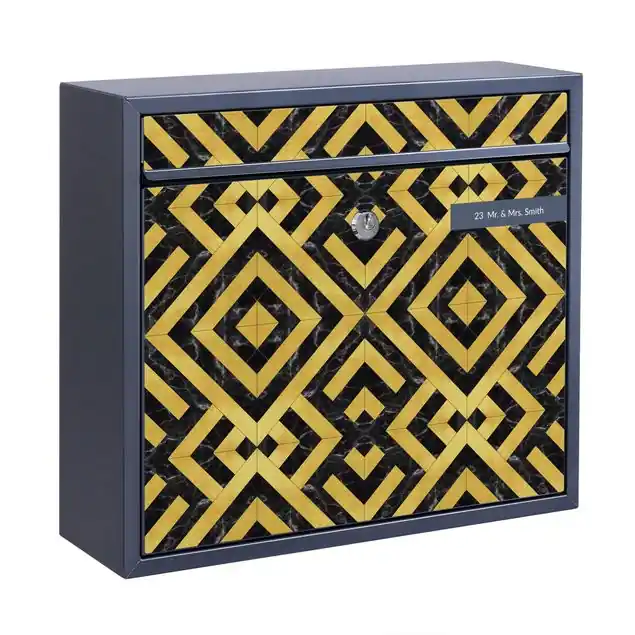 Geometrischer Fliesenmix Art Deco Gold Schwarzer Marmor Briefkasten mit eigenem Text Letzte Chance